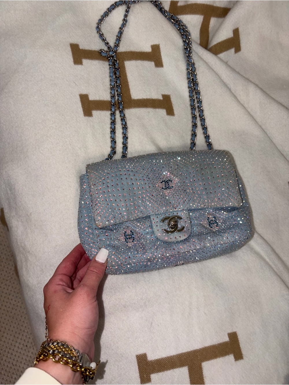 CHANEL Light Blue Crystal-Embellished Mini Flap Bag
